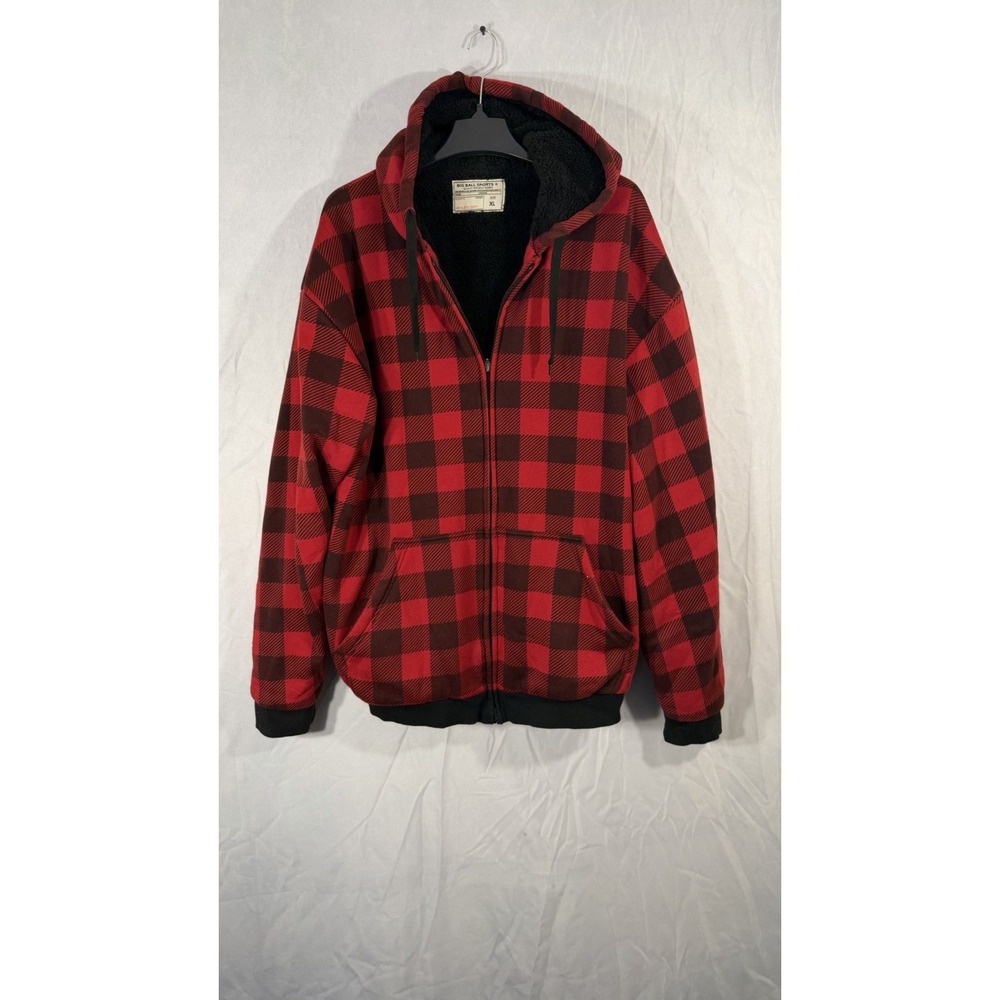 BIG BALL SPORTS Mens Sherpa Lined Full Hooded Plaid Jacket Sz XL Red/Black Zip‎